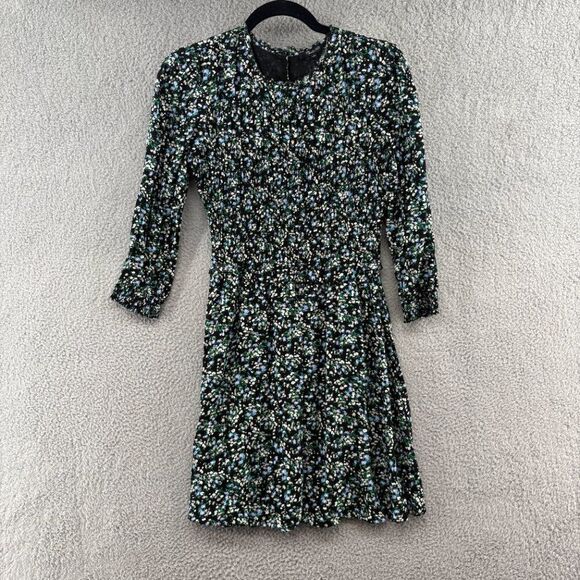Madewell Smocked Long-Sleeve Mini Dress in Meadow Ditsy Black - Size 4 - Picture 2 of 13